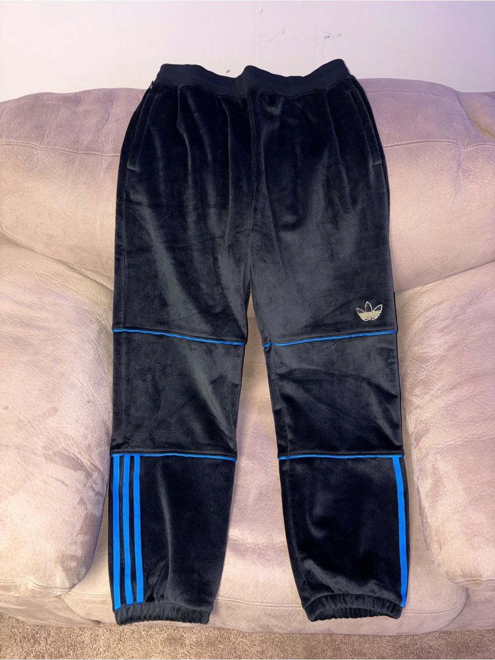 adidas Black Velour Joggers with Blue Piping